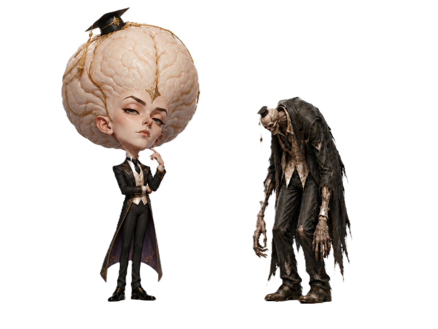 Two stylized game show characters representing winner and loser states